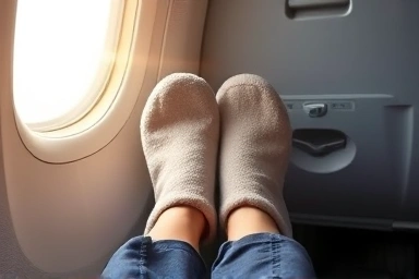 Comfortable foldable slippers on airplane during travel.
